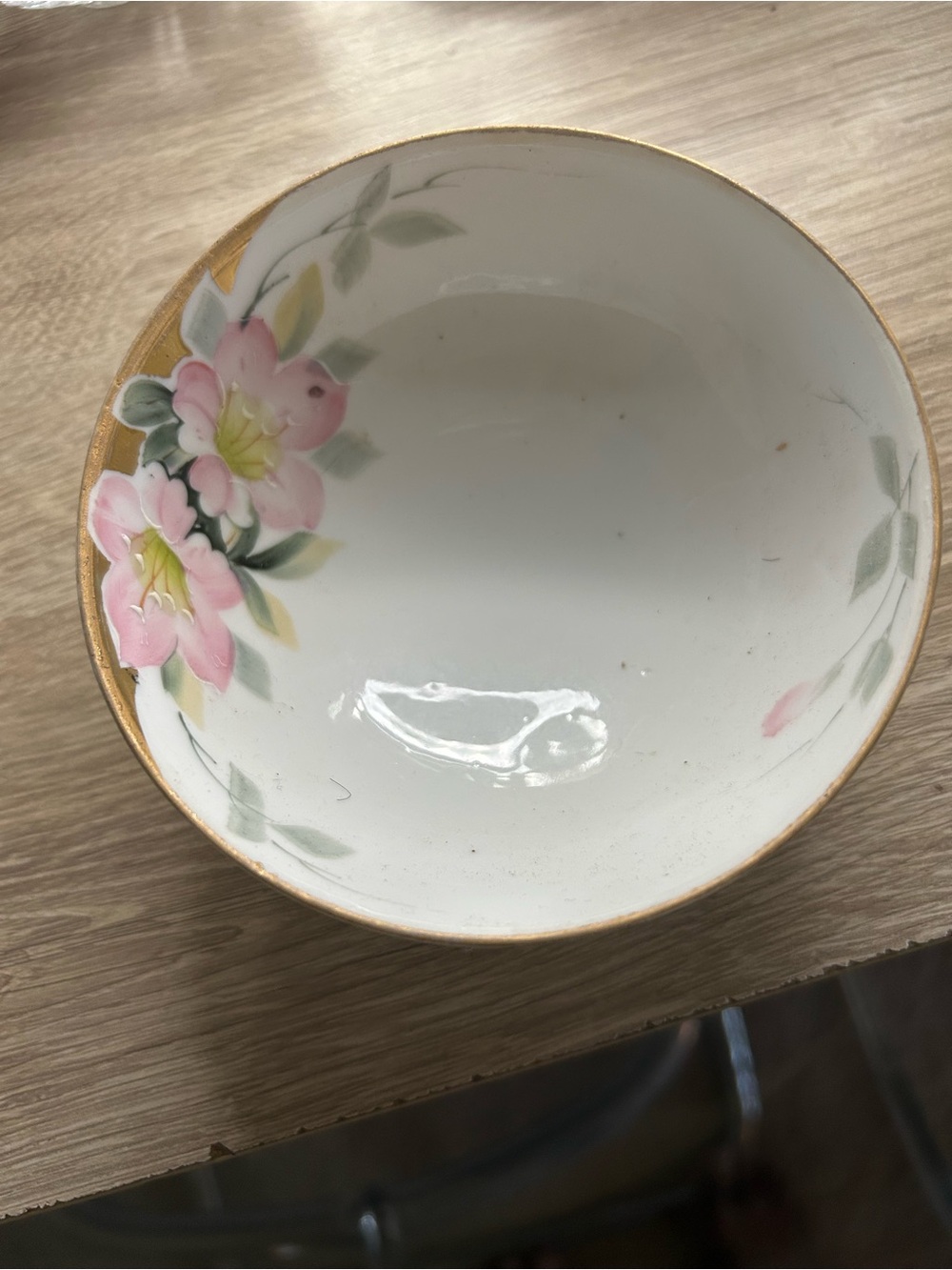 Nippon Pink Floral Porcelain Serving Bowl with Gold Trim